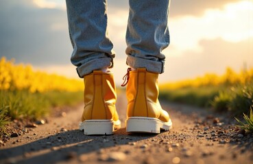 Woman's feet in yellow boots walking on a dirt path during sunset