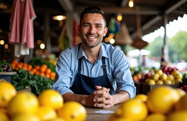 Fototapeta premium A smiling man works at a fruit stand in an outdoor market setting
