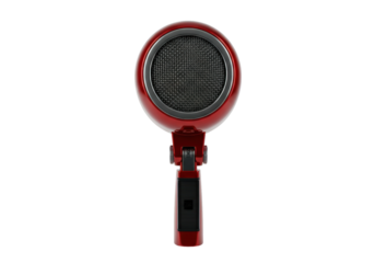 Isolated red vintage microphone with circular grille for musical performances or recording studio use