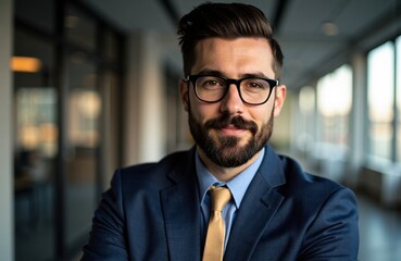 Fototapeta premium Confident businessman with glasses smiling in modern office environment