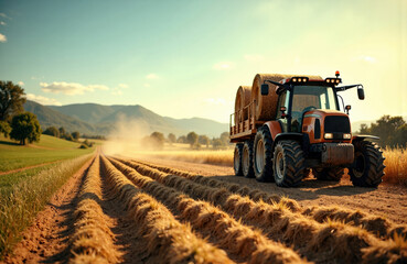 Fototapeta premium Tractor working on a farm field during sunset with mountains in the background