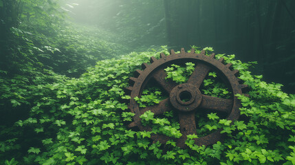 A close-up of a vintage gear surrounded by lush green leaves, representing the harmony of technology and nature