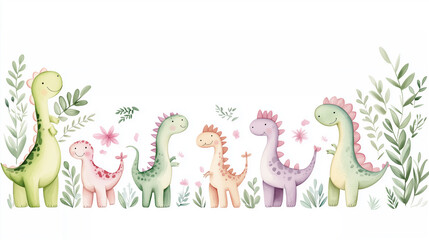A playful illustration of colorful dinosaurs surrounded by lush greenery, perfect for childrens themes