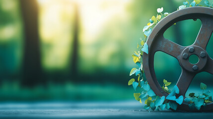 A gear set against a softly blurred background of greenery, capturing the essence of industrial charm in nature