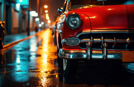 Fototapeta Classic red vintage car parked on a wet city street at night with reflections and bokeh lights