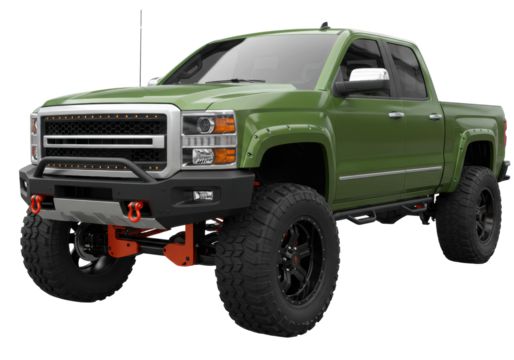 Isolated lifted light-duty truck with off-road modifications, on a vehicle lift for maintenance