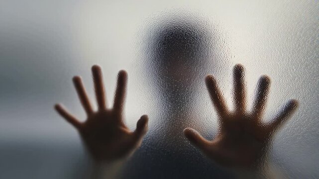Silhouette of person pressing hands against frosted glass wall, symbolizing isolation, fear, anxiety.