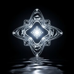 A mesmerizing 3d render showcasing a luminous, crystalline star shape reflected in rippling water, set against a stark black background, creating a captivating contrast