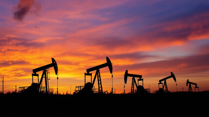 An array of oil pumps silhouetted against a vibrant twilight sky, showcasing the beauty of industrial landscapes