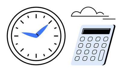 Analog clock with blue hands beside a calculator and a minimal cloud design. Ideal for time management, productivity, organization, efficiency, planning, scheduling, simplicity in design, simple flat