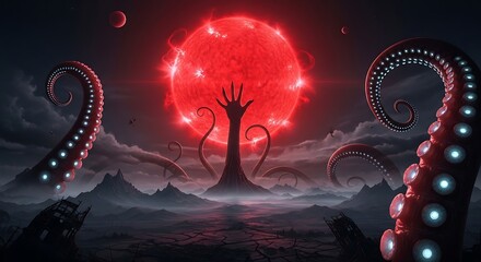 A colossal cosmic horror monster with giant tentacles rises from a desolate, misty landscape under a giant red sun.