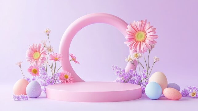 Pink Easter podium with flowers and eggs; product display; pastel colors; spring background
