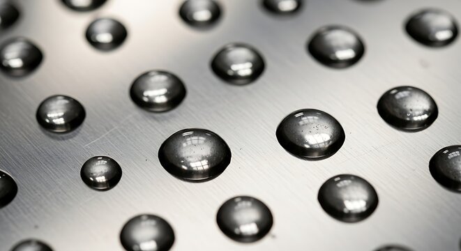 Water Droplets on a Metallic Surface: Abstract Macro Photograph Showcasing Surface Tension and Reflections with a Minimalist Aesthetic.