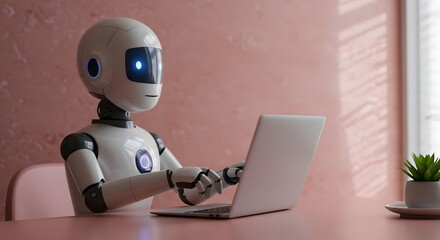 A robot works on a laptop at a modern desk in a pink room with daylight