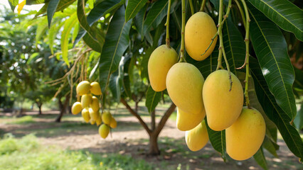 Mangoes on tree in garden, Yellow Mango on tree in natural background