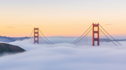 A breathtaking view of the Golden Gate Bridge with a vibrant sunset illuminating the fog, creating a dreamy landscape