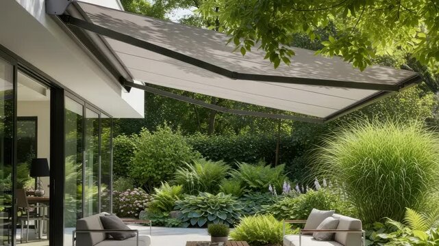 This modern patio features retractable awning shading two sofas and wood coffee table A lush garden with ferns hostas and tall grasses thrives by large glass doors