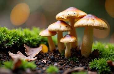 Fototapeta premium Group of mushrooms growing among moss and fallen leaves in a natural forest setting