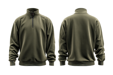 Olive green quarter zip sweatshirt, front and back views