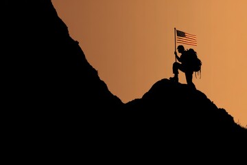 Silhouette of a Soldier Standing Triumphantly on a Mountain Peak with the American Flag, Symbolizing Freedom and Patriotism