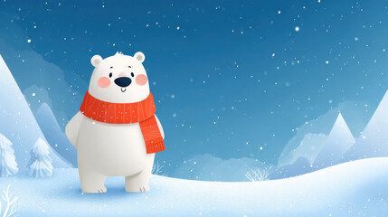 Cute polar bear in red scarf stands on snowy mountain landscape, surrounded by snowflakes and serene blue sky. scene evokes sense of joy and winter wonder