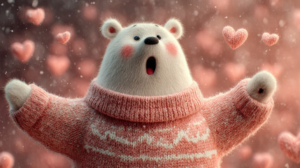 Cute polar bear in cozy sweater joyfully blowing snow hearts, creating whimsical and heartwarming scene filled with love and happiness