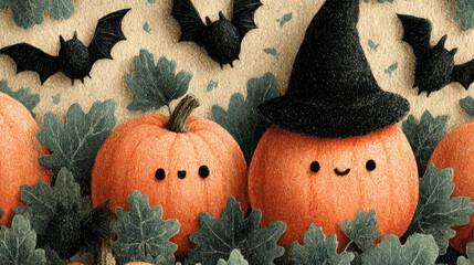 Cute Halloween pumpkins with smiling faces, wearing witch hat, surrounded by green leaves and bats, create whimsical and festive atmosphere perfect for season