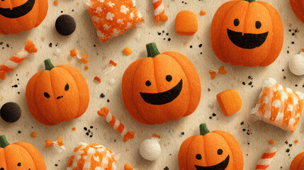 Colorful Halloween pumpkins with cheerful faces are scattered across textured background, surrounded by festive candies and decorations. vibrant orange and playful designs evoke joyful Halloween