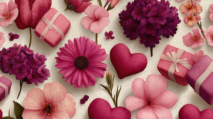 Beautiful seamless pattern featuring watercolor flowers, gift boxes, and hearts, perfect for Mother Day celebrations. vibrant colors evoke joy and love, making it ideal for various designs