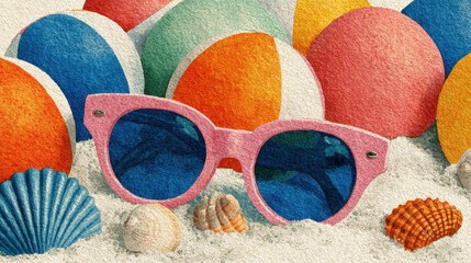 Colorful beach balls and seashells surround pair of pink sunglasses resting on white sand, evoking cheerful summer vibe. vibrant colors and playful elements create fun atmosphere