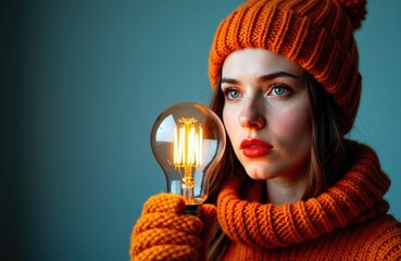 Woman wearing a knit hat and scarf holding a glowing light bulb with a filament shaped like the word IDEA against a dark background