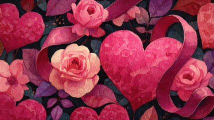 Seamless pattern featuring watercolor hearts and roses in vibrant pink hues, creating romantic and artistic design perfect for Valentine Day