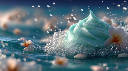 Refreshing scene featuring soft, mint colored swirl in watery environment, surrounded by delicate flowers and sparkling droplets, evoking sense of tranquility and beauty