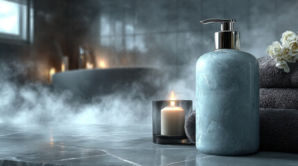Serene bathroom scene featuring stylish blue soap dispenser, soft towels, and lit candle, all set against misty backdrop. ambiance evokes relaxation and tranquility