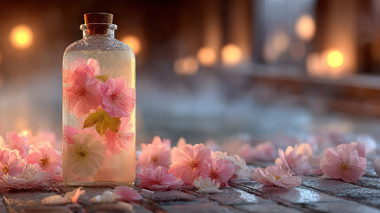 Beautiful glass bottle filled with water and flower petals sits elegantly serene setting, surrounded by soft pink blossoms. warm, ambient light creates tranquil atmosphere, evoking feelings
