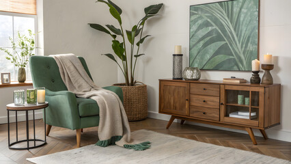 Cozy green armchair in a stylish living room with mid-century modern furniture and lush plants