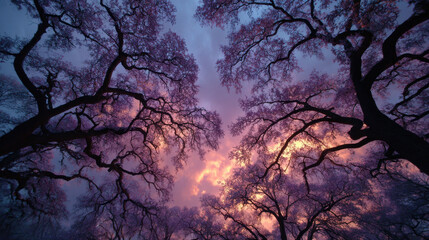 Stunning silhouette of tree branches creates captivating scene against vibrant purple and orange sky, evoking sense of wonder and tranquility