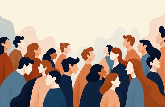 People standing in a group engaging in conversation with diverse appearances and hairstyles