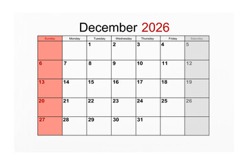 December 2026 Calendar page for 2026 year isolated on white background, Save clipping path.