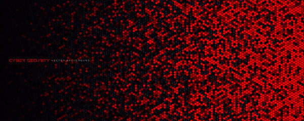 Futuristic dark hexagon honeycomb tech background, red glowing particles for cyber, data, gaming, esports, websites, presentations. Black Hi-tech backgrounds for banners and apps. Vector illustration