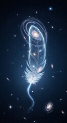 A celestial feather drifts through the cosmos, composed of swirling galaxies and stardust, symbolizing lightness, inspiration, and the boundless wonders of the universe