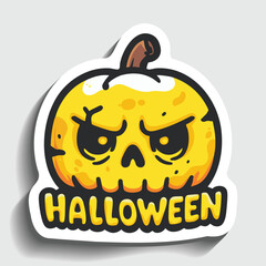 Halloween Pumpkin with Text Sticker. Spooky Jack-o'-lantern Cartoon Character Vector Illustration.