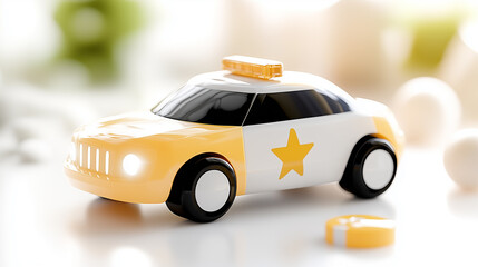 A playful yellow toy police car on a light background, symbolizing childhood fun and imagination