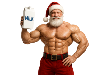 Bodybuilder Santa Claus with a bottle of milk on a transparent background. Healthy lifestyle. Christmas.