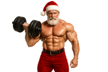 Bodybuilder Santa Claus lifting a dumbbell on a transparent background. Fitness. Christmas.