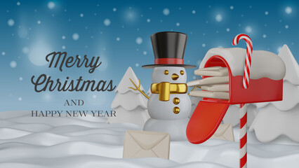 christmas banner with santa claus mailbox and snowman on winter landscape