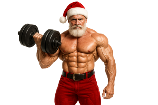 Bodybuilder Santa Claus lifting a dumbbell on a transparent background. Fitness. Christmas.