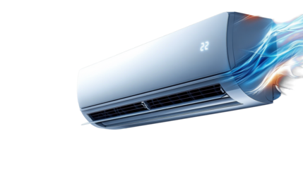 Modern air conditioner blowing cool air on transparent background