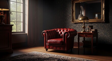Elegant room featuring a red leather armchair, wooden furniture, ornate mirror, patterned wallpaper, and natural light from the window.