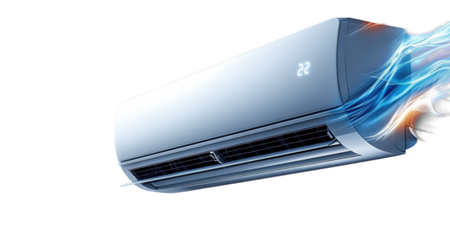 Modern air conditioner blowing cool air on transparent background